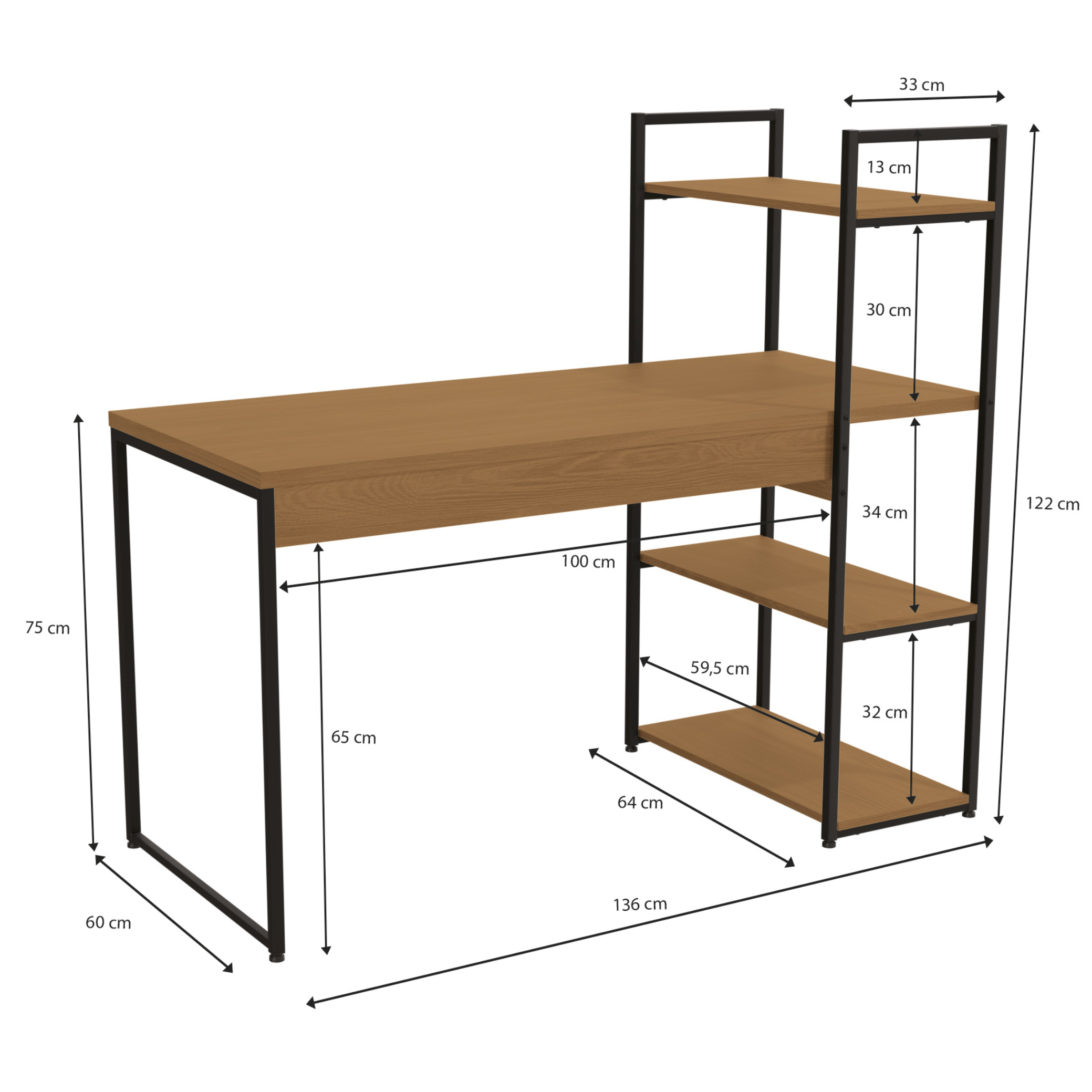 Escrivaninha Industrial Kappesberg LI010 136cm com 3 Prateleiras Canela e Preto