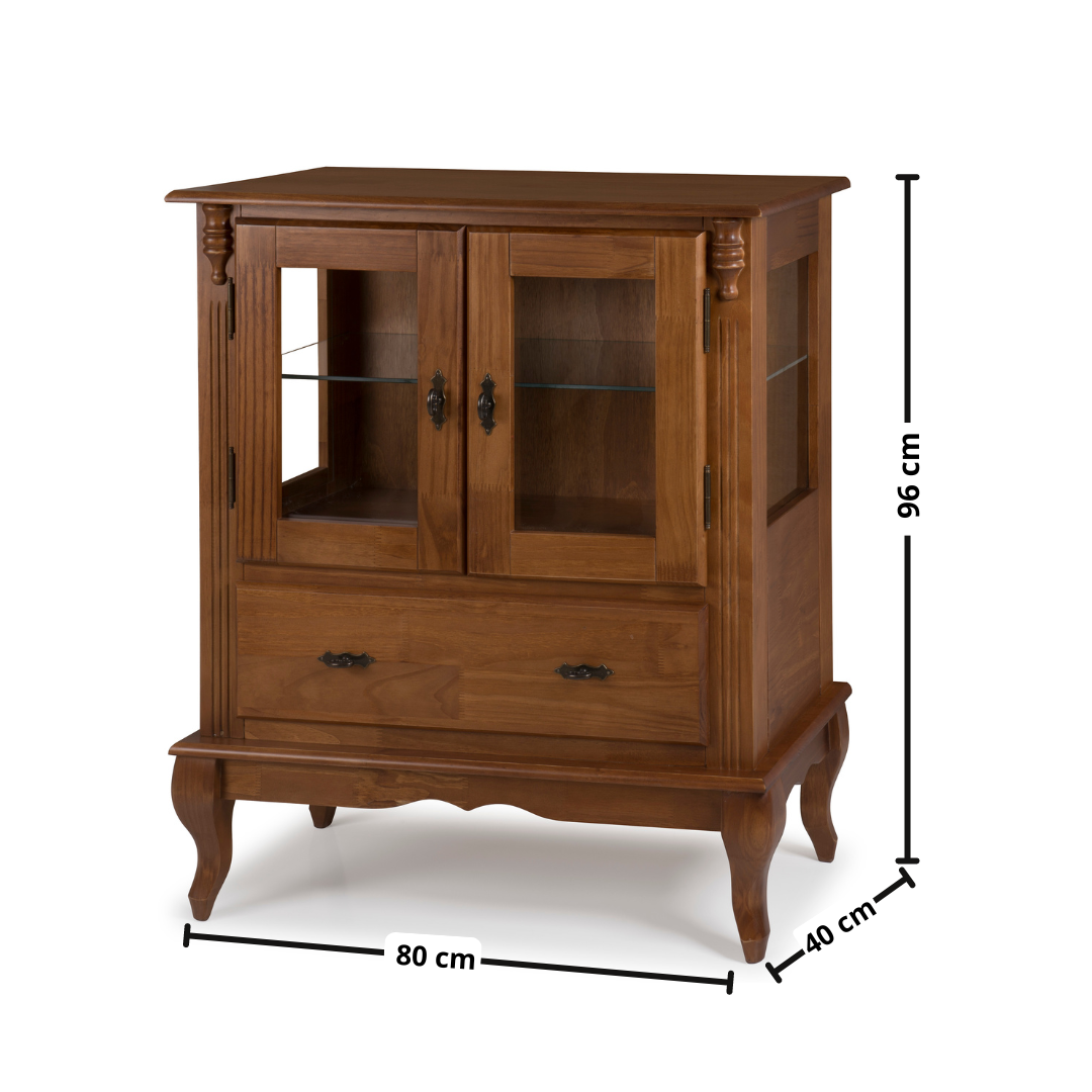 Cristaleira Baixa Rústica Linz 80x96cm 60312 2 Portas 1 Gaveta 100% Madeira Maciça Imbuia