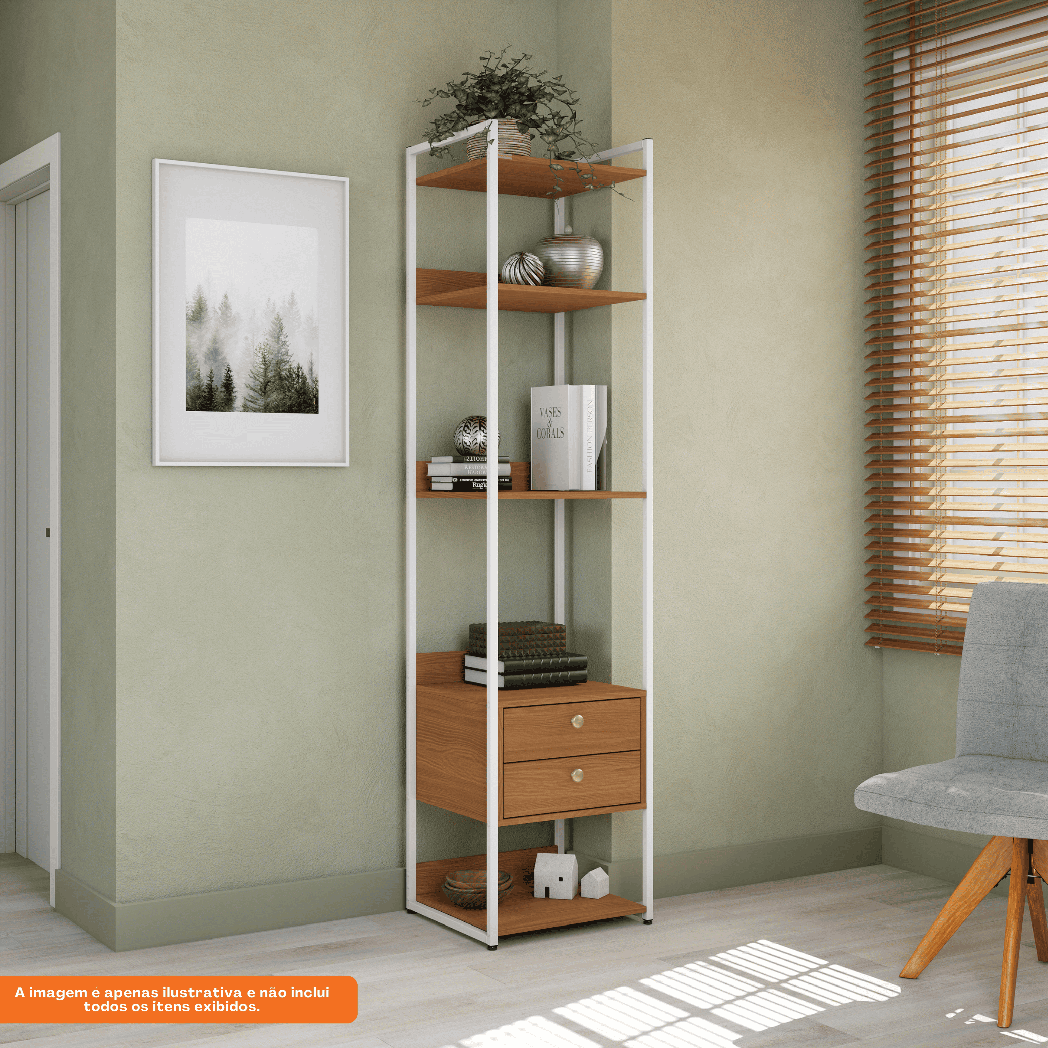 Armário Industrial Closet LI050 Kappesberg 48cm 5 Prateleiras 2 Gavetas Canela e Branco