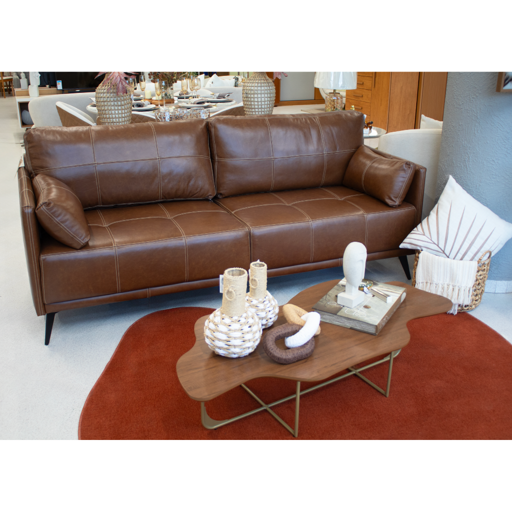 Sofá Living Steel 210cm Temda 2 assentos Couro Legítimo Caramelo