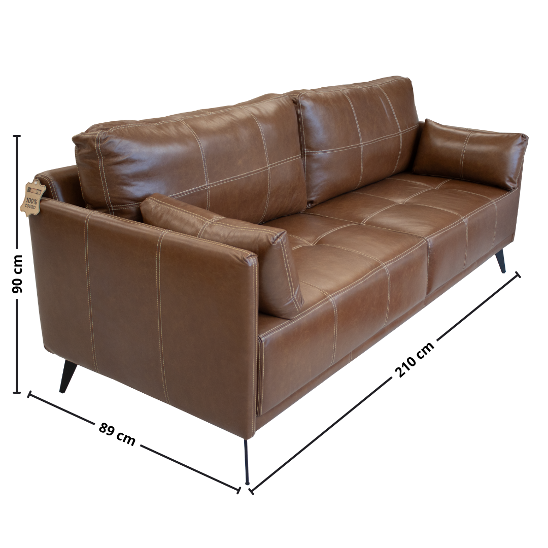Sofá Living Steel 210cm Temda 2 assentos Couro Legítimo Caramelo