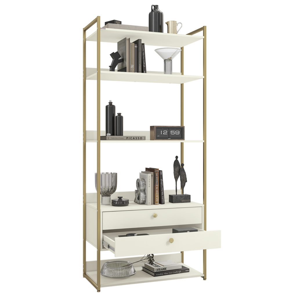 Armário Industrial Closet LI049 Kappesberg 89cm 5 Prateleiras 2 Gavetas Off White e Dourado