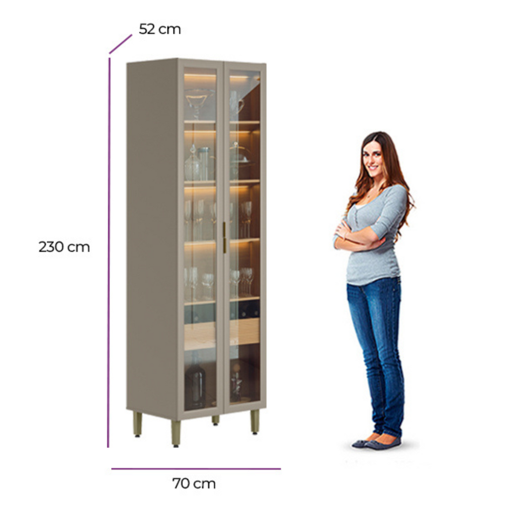 Cristaleira Allure Linea 70cm 2 Portas Adega com LED Jequitibá e Gris