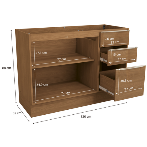 Armário Balcão de Cozinha Vibra Kappesberg 2 Portas 3 Gavetas 120cm Canela