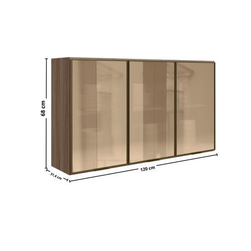 Armário Aéreo Nicioli Kali 120x68cm 100% MDF 3 Portas Vidro Reflecta Carvalho Tok