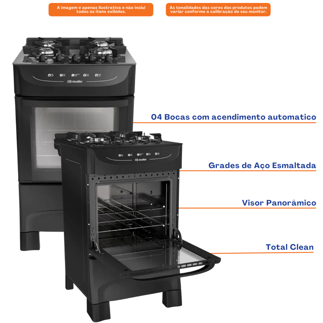 Fogão 4 Bocas Mueller MFV4BB Acendimento Automático Preto Bivolt