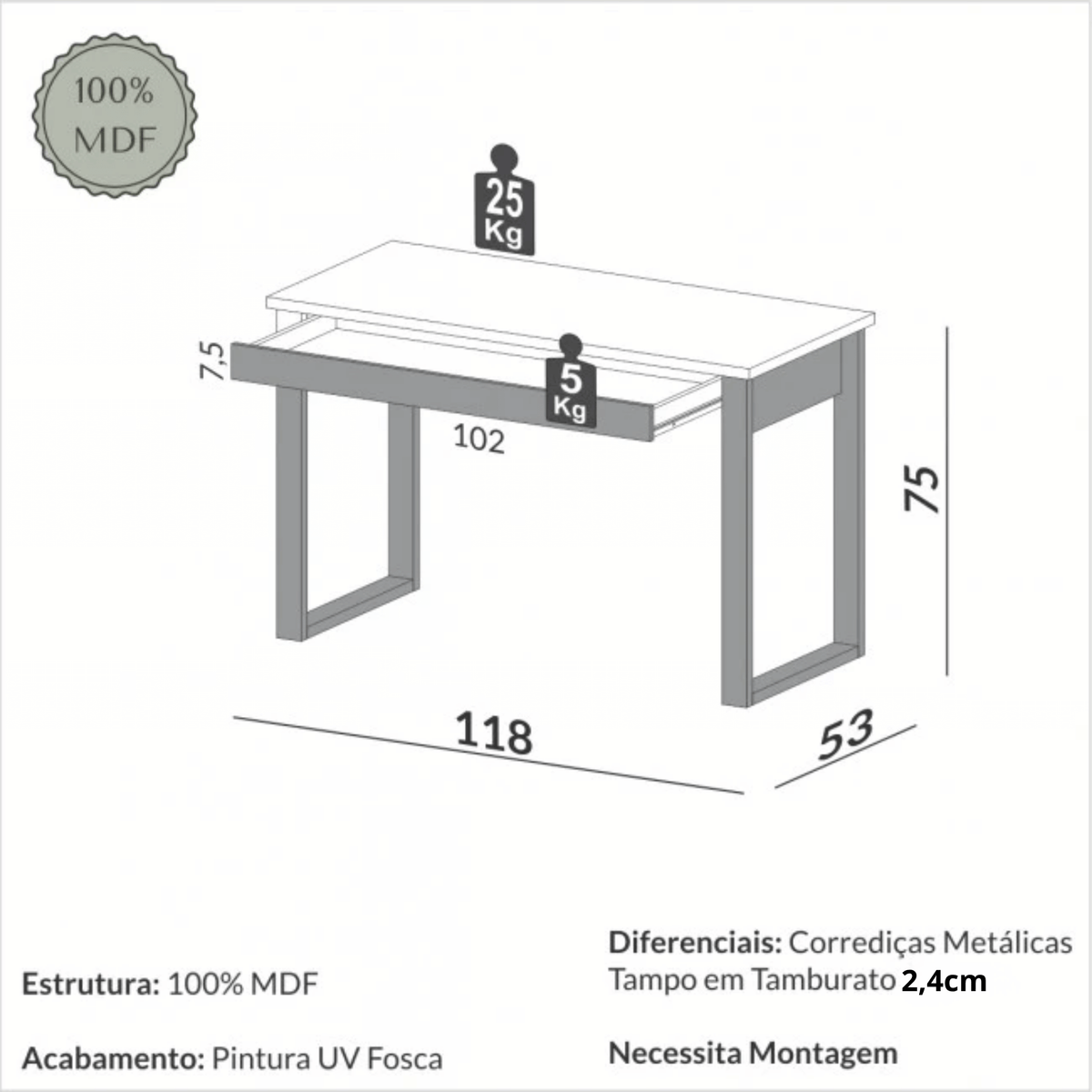 Escrivaninha Dalla Costa F24 118cm 1 Gaveta 100% MDF Freijó e Preto