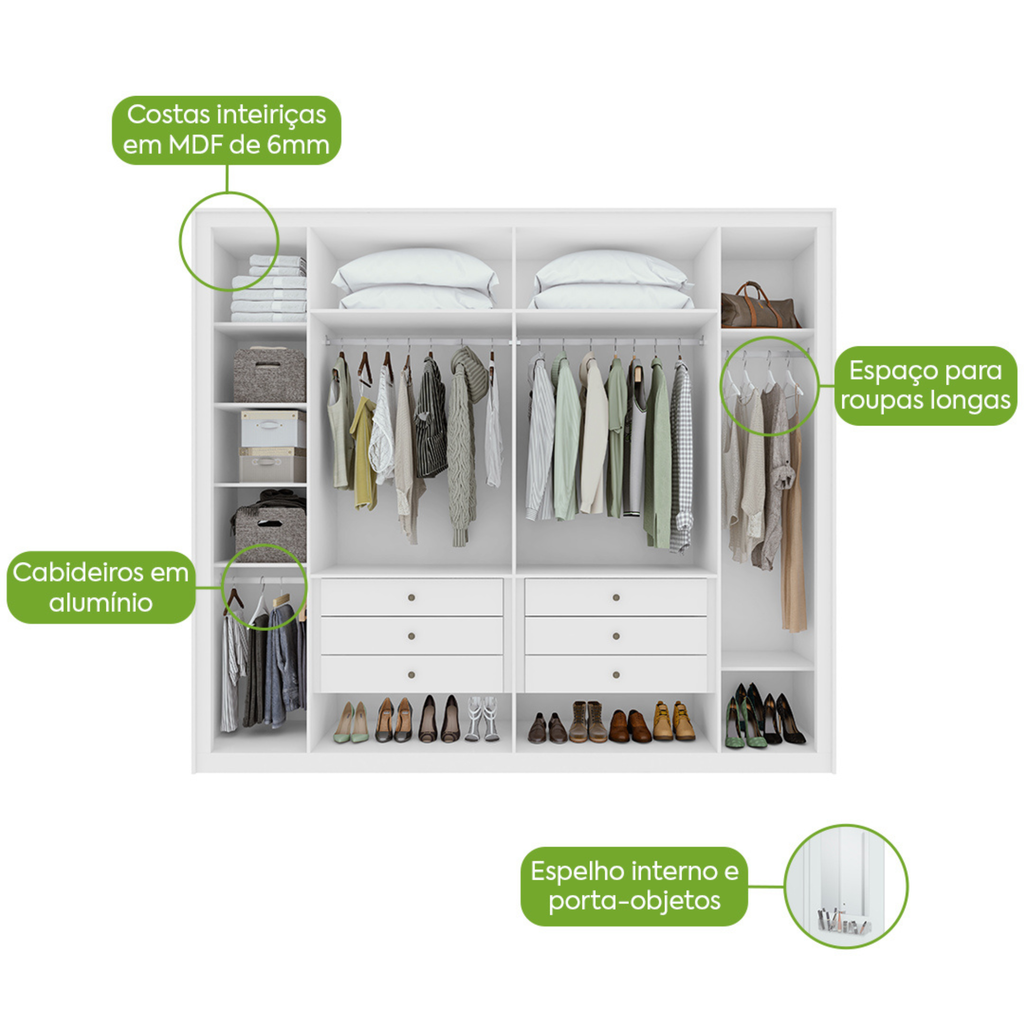 Roupeiro Imperatore Lopas  274cm 100% MDF 6 Portas com Puxador em Madeira Branco
