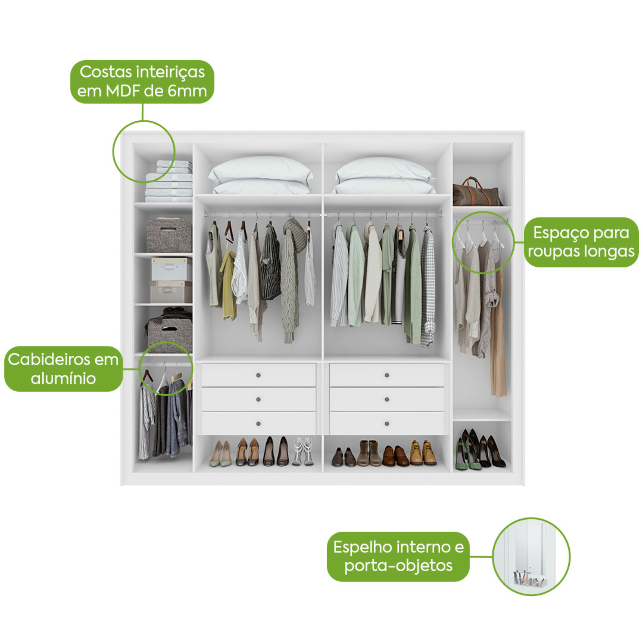 Roupeiro Imperatore Lopas  274cm 100% MDF 6 Portas com Puxador em Madeira Branco
