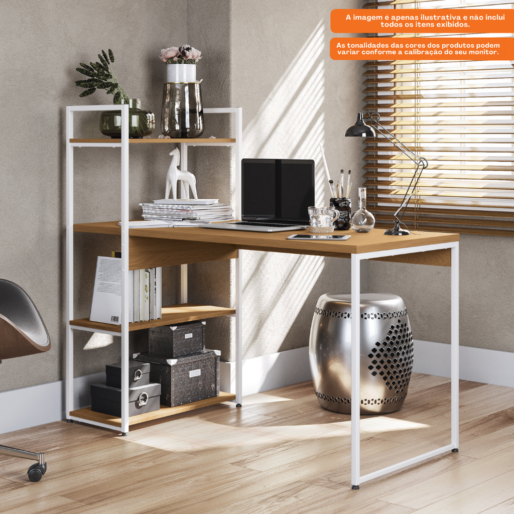Escrivaninha Industrial Kappesberg LI010 136cm com 3 Prateleiras Canela e Branco