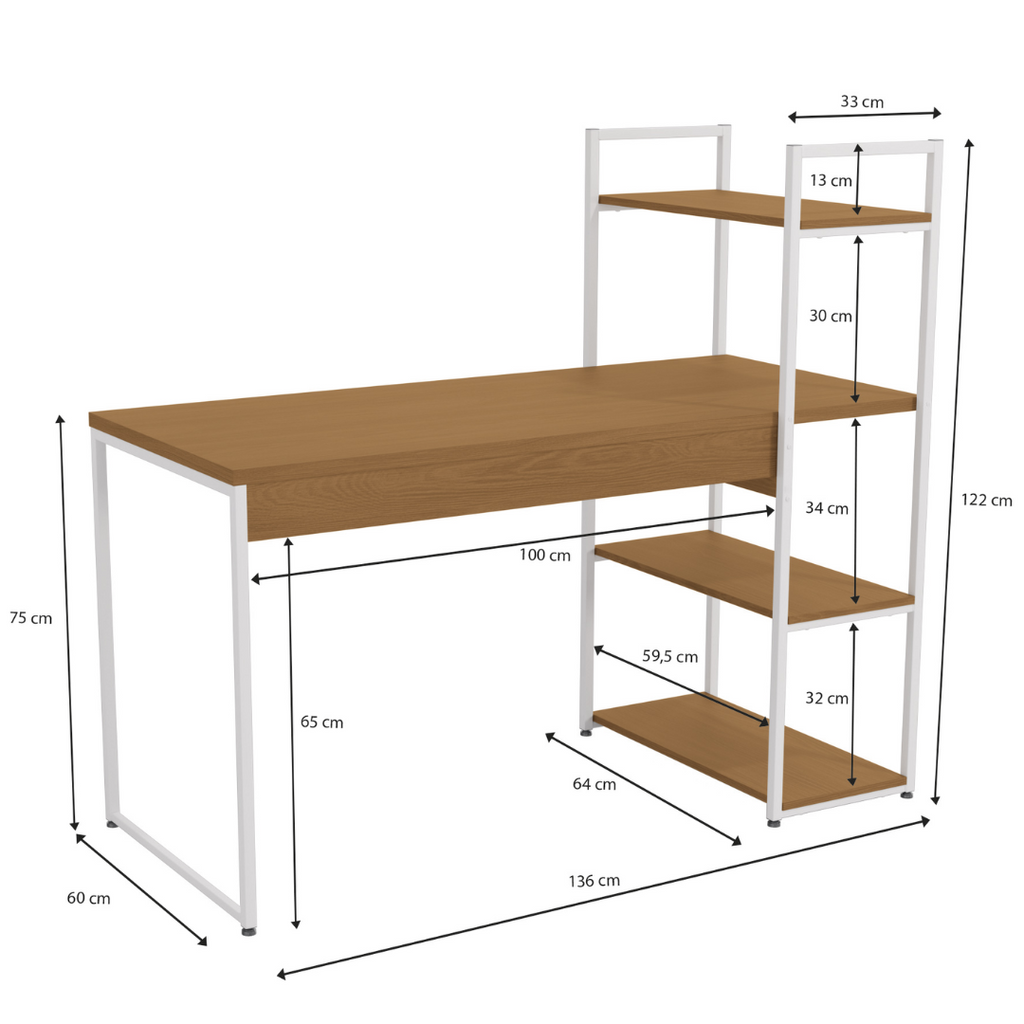Escrivaninha Industrial Kappesberg LI010 136cm com 3 Prateleiras Canela e Branco