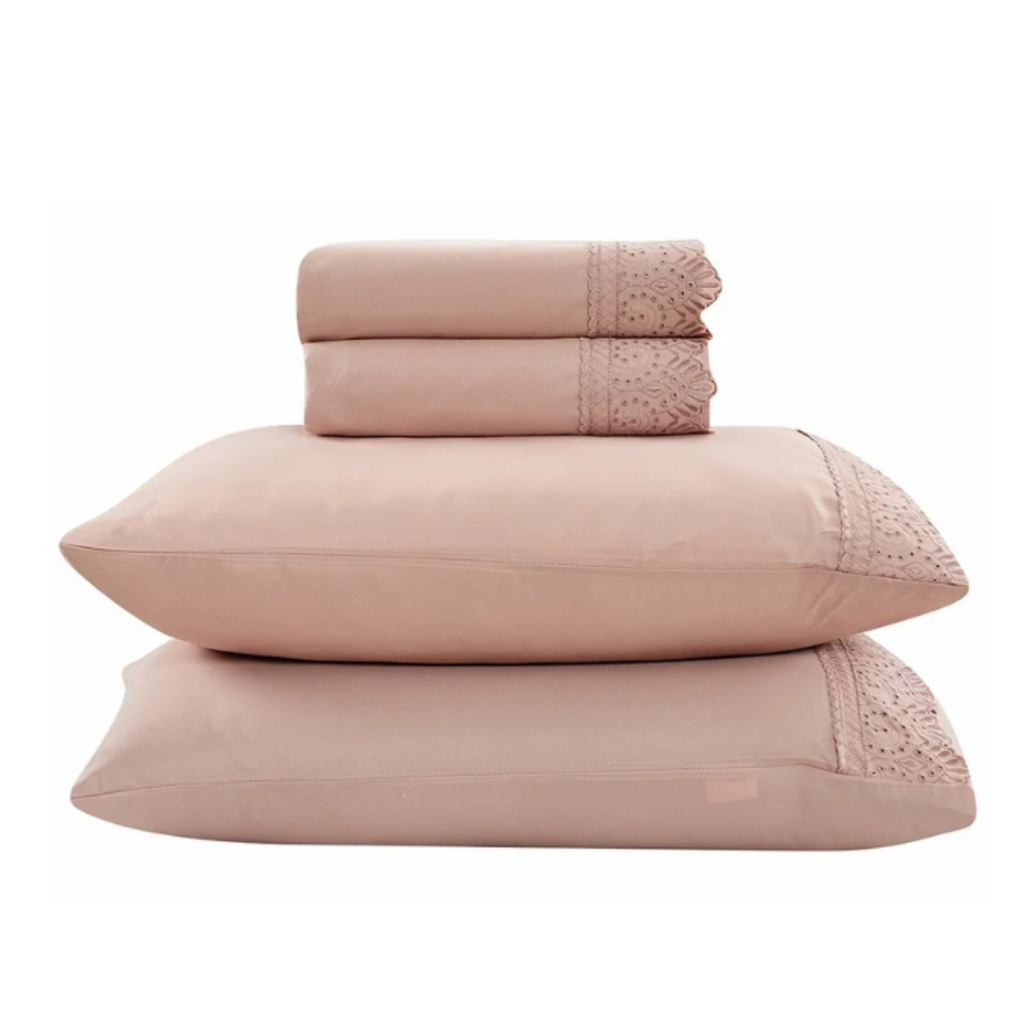 Jogo de Roupa de Cama Queen 4 Peças Hedrons Rendas Toque de Algodão   Rosa