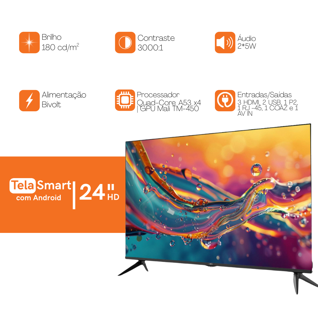 Smart TV LED 24" HD HQ Frameless Android Bivolt