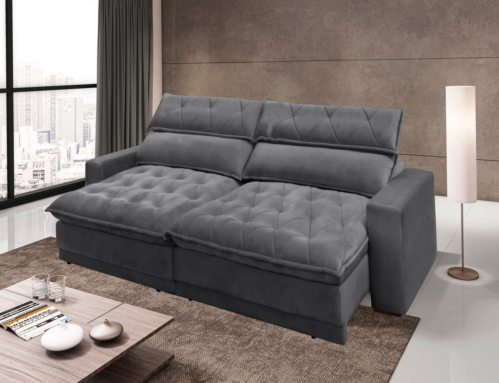 Sofá Albany 250cm Matielo 2 Assentos Retráteis com Encostos Reclináveis Veludo Cinza