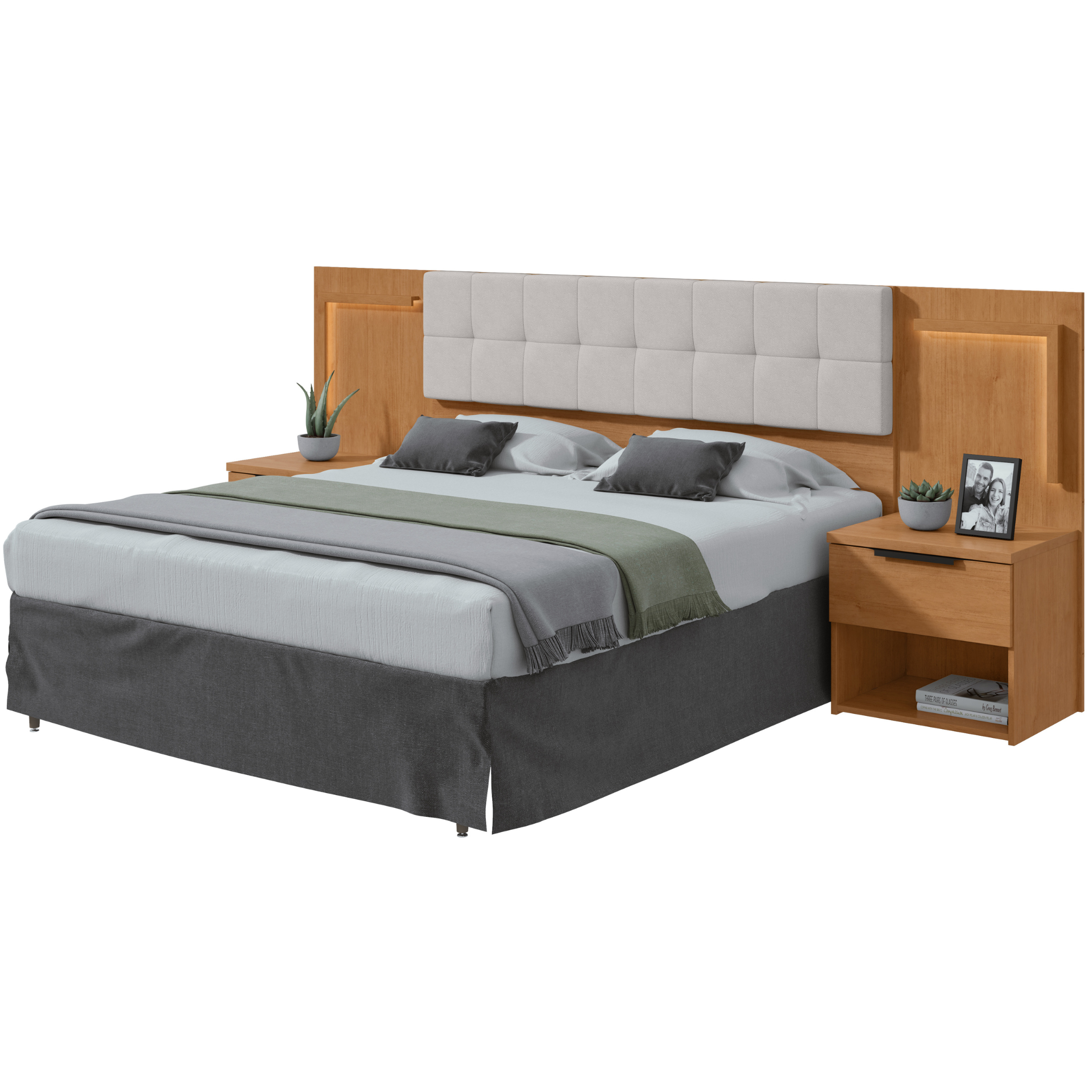 Cabeceira Calitan Queen Lopas 158cm com Mesas Laterais e Led Amêndoa e Off White