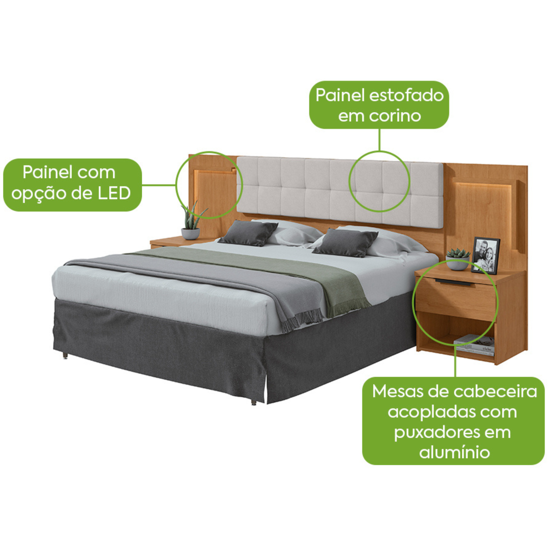 Cabeceira Calitan Queen Lopas 158cm com Mesas Laterais e Led Amêndoa e Off White