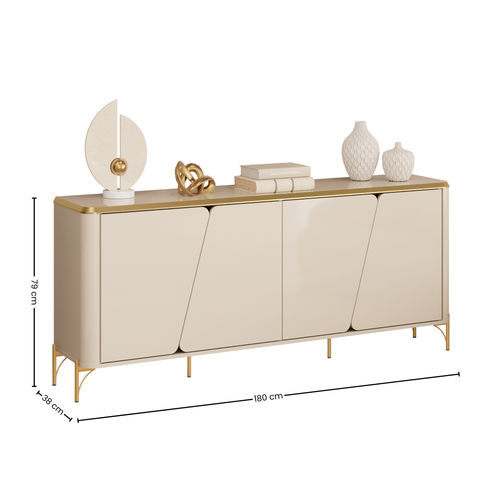 Balcão Buffet Liara Dj Móveis 180cm 4 Portas Off White com Dourado