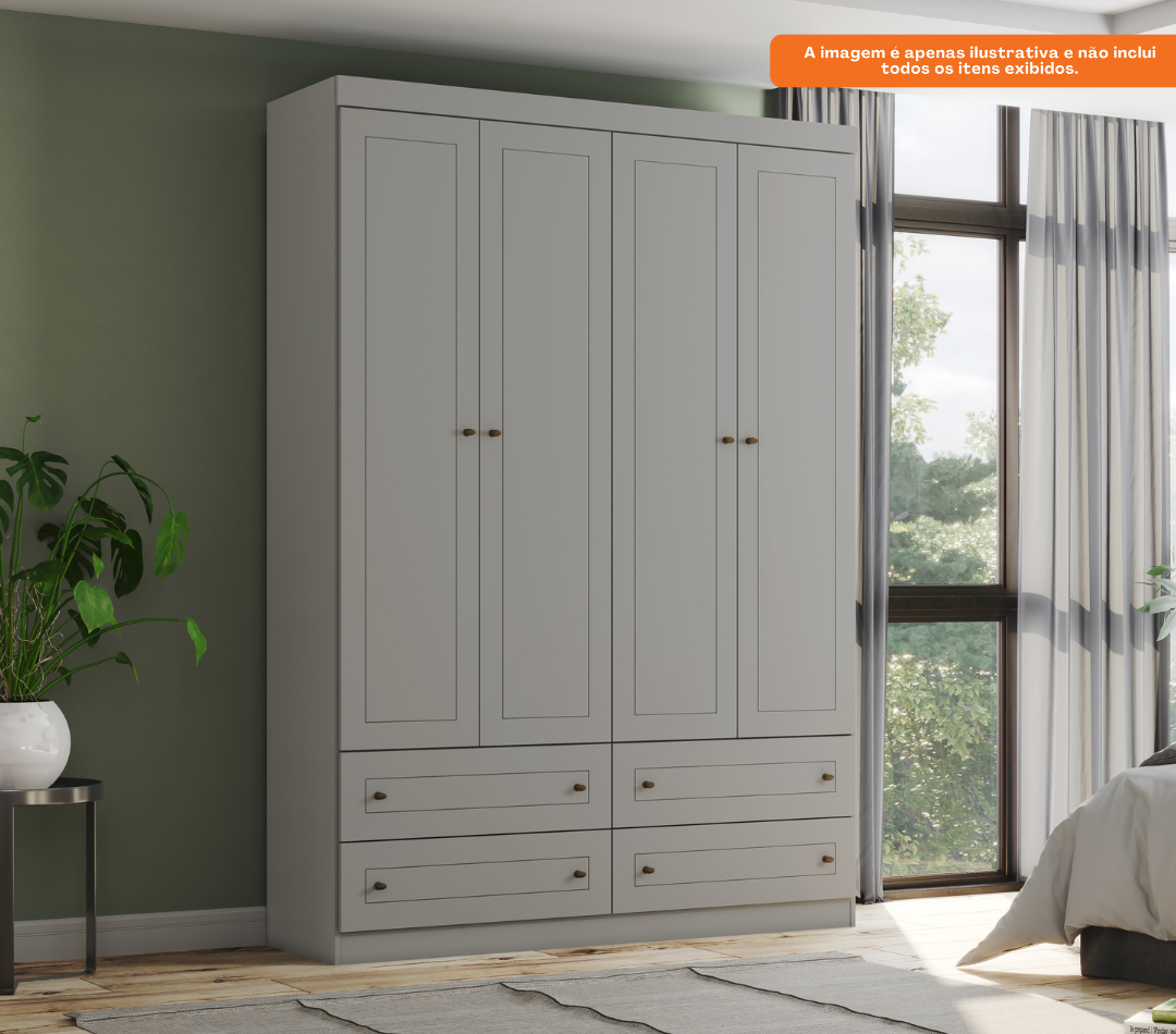 Roupeiro Americano Henn 159cm 4 Portas 4 Gavetas Cinza