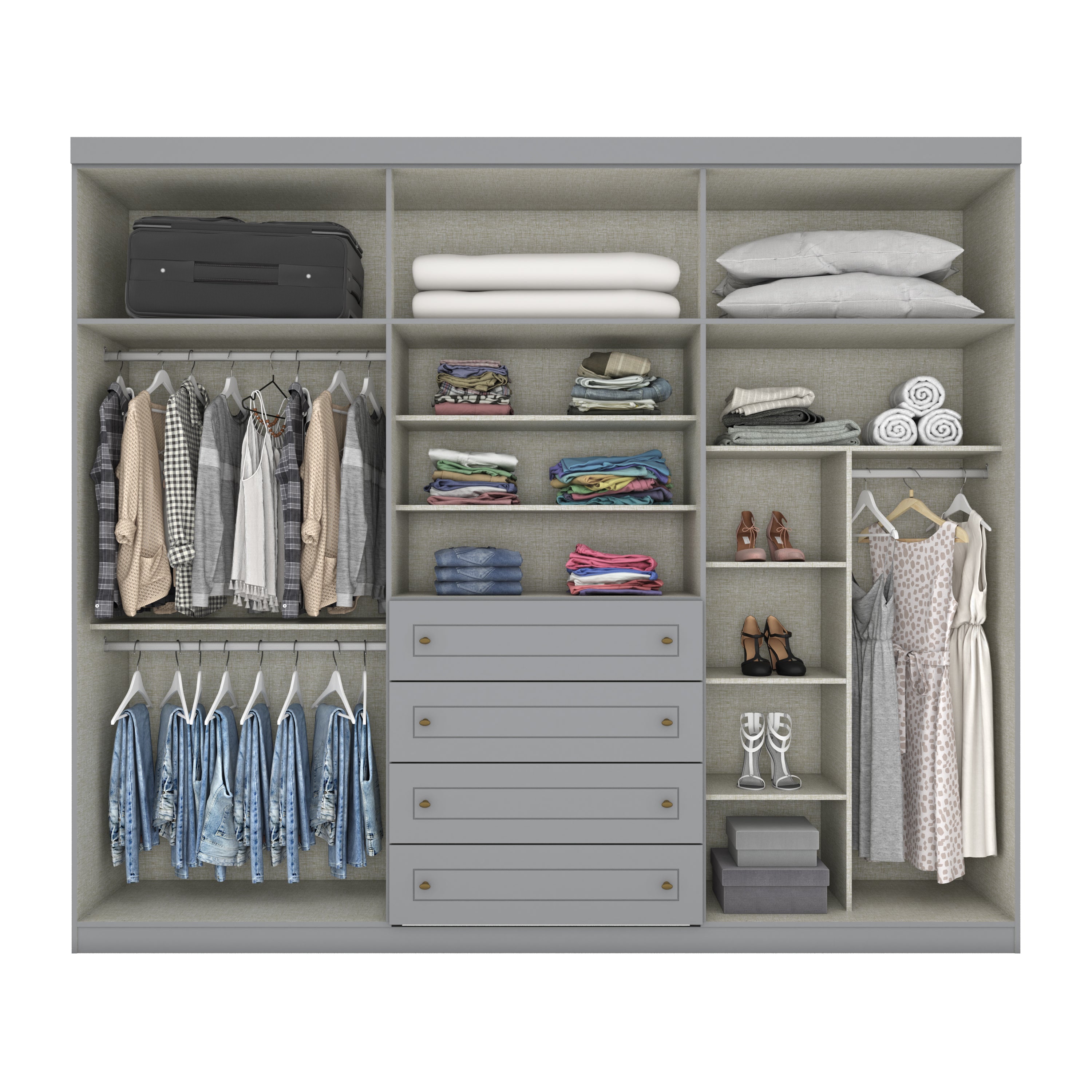 Roupeiro Americano Henn 262cm 6 Portas 4 Gavetas Cinza