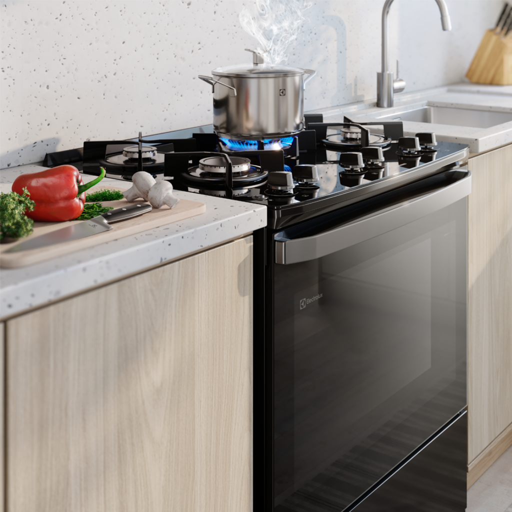 Fogão 5 Bocas Electrolux Efficient FE5GB Piso Mesa de Vidro PerfectCook Preto Bivolt