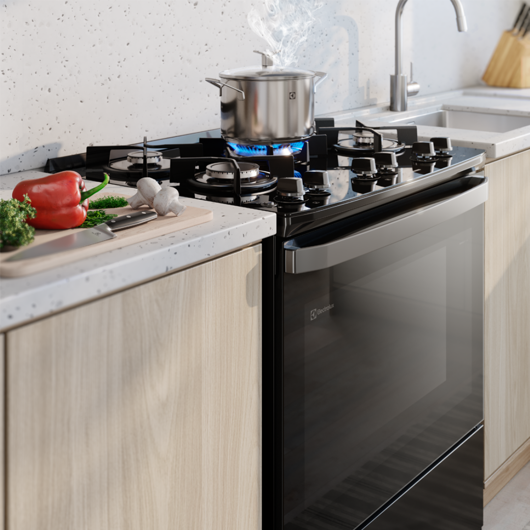 Fogão 5 Bocas Electrolux Efficient FE5GB Piso Mesa de Vidro PerfectCook Preto Bivolt
