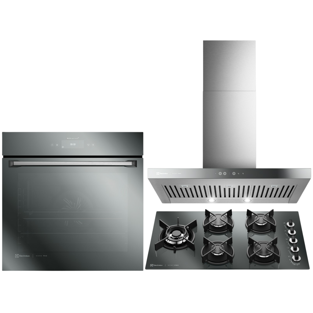 Kit Electrolux Home Pro Forno Elétrico Embutir 80L +Cooktop 5 Bocas +Coifa de Parede 90cm Espelhado 220V