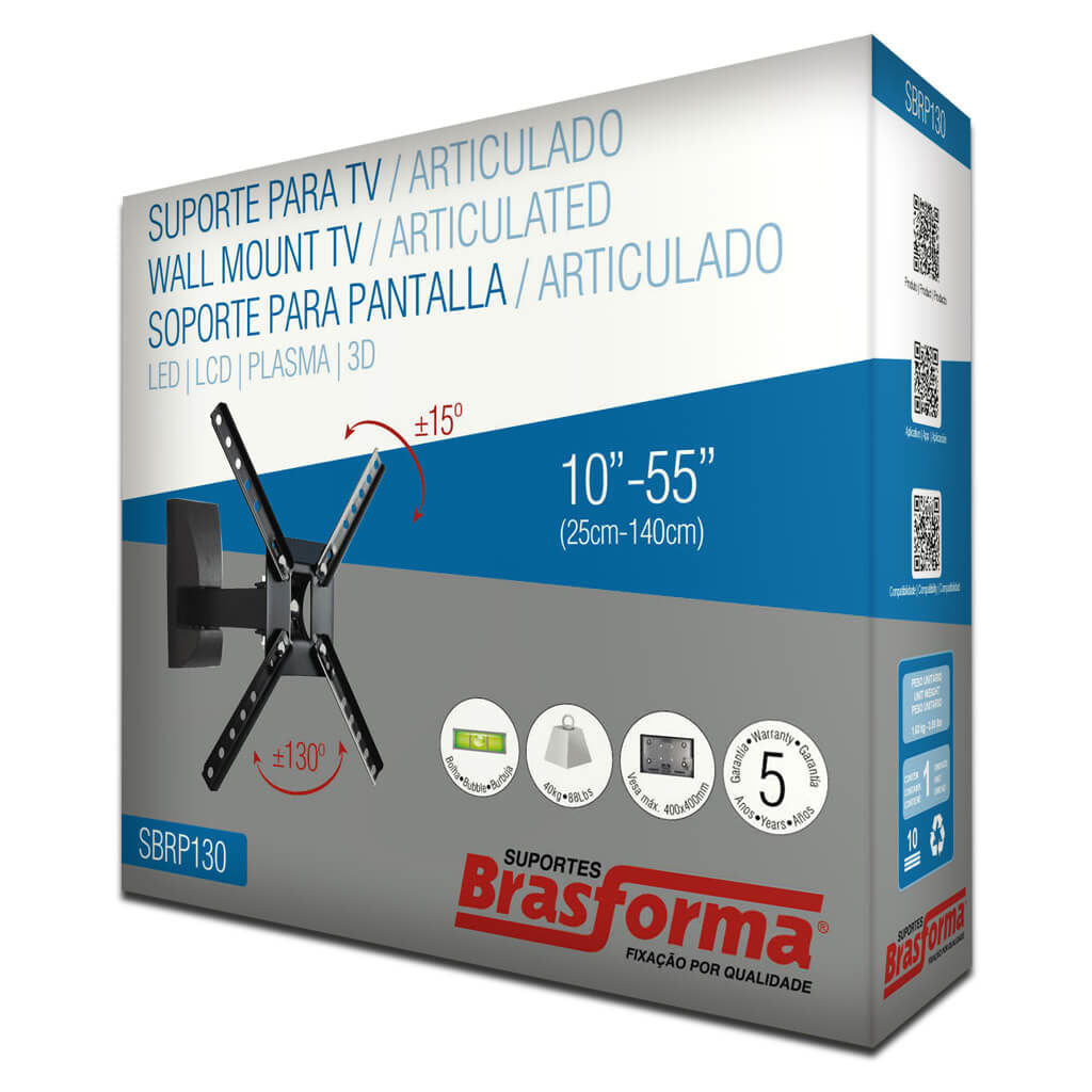 Suporte de Parede Articulado Brasforma SBRLB-130 para TVs LCD, LED, Plasma e 3D Preto