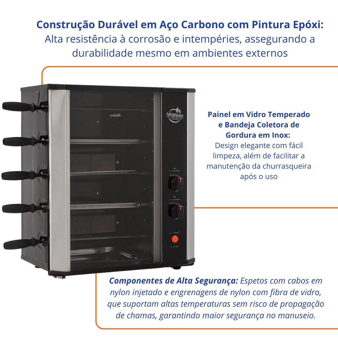 Churrasqueira a Gás Hidro Tradição 5 Espetos Giratórios Acendimento Automático Bivolt