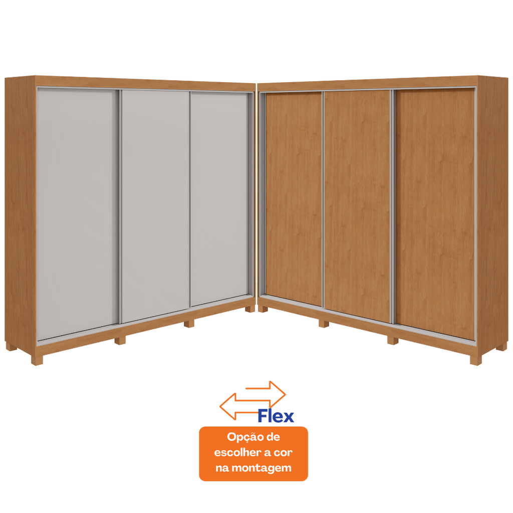 Roupeiro Quadrix Lopas 230cm 3 Portas Correr 100% MDF com Pés Flex Amêndoa e Off White