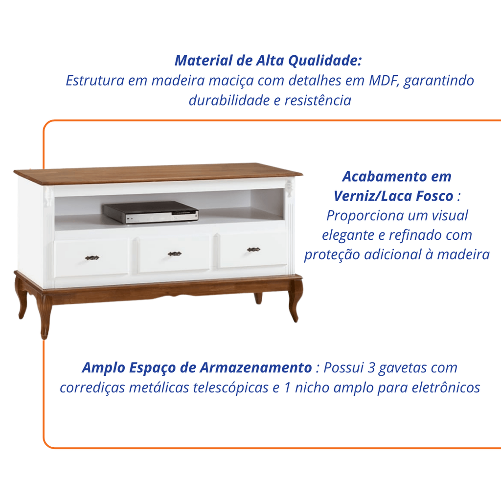 Rack Rústico 150cm Linz 60501 3 Gavetas Branco e Imbuia