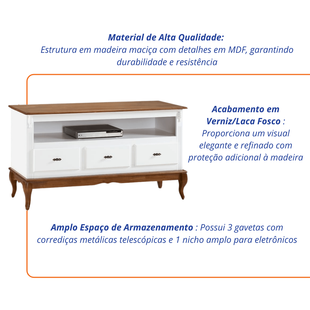 Rack Rústico 150cm Linz 60501 3 Gavetas Branco e Imbuia