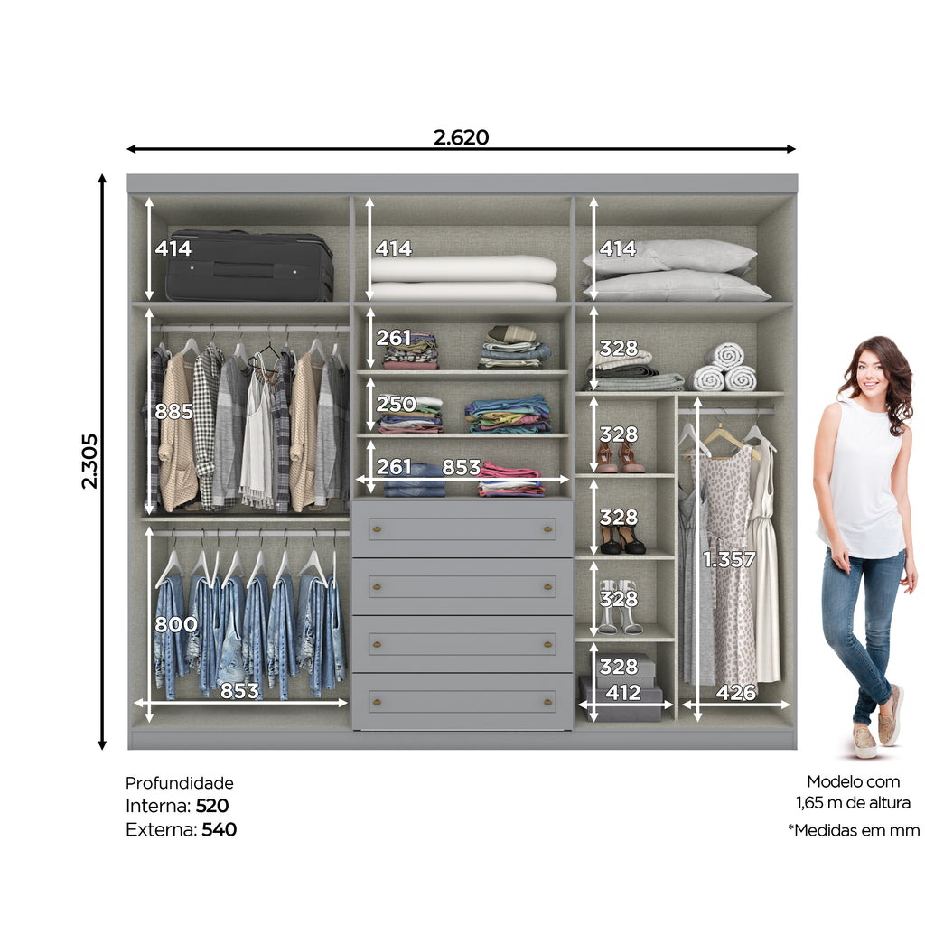 Roupeiro Americano Henn 262cm 6 Portas 4 Gavetas Cinza