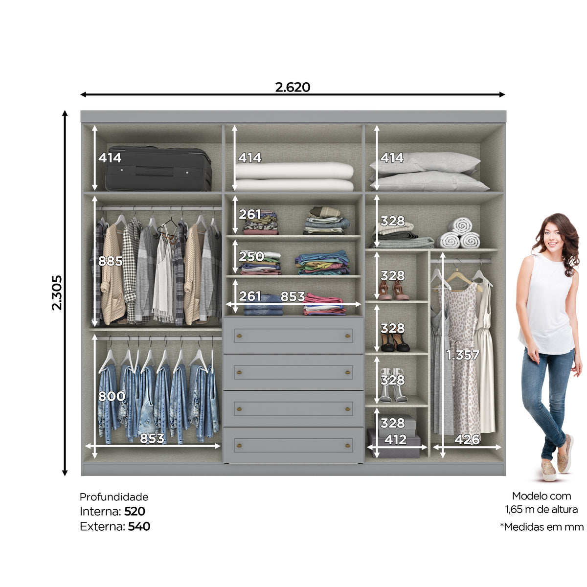 Roupeiro Americano Henn 262cm 6 Portas 4 Gavetas Cinza