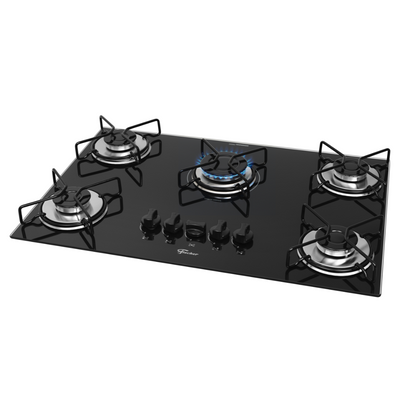 Cooktop a Gás Fischer 5 Bocas Fit Line Trempe Aramado Esmaltado Vidro Preto Bivolt