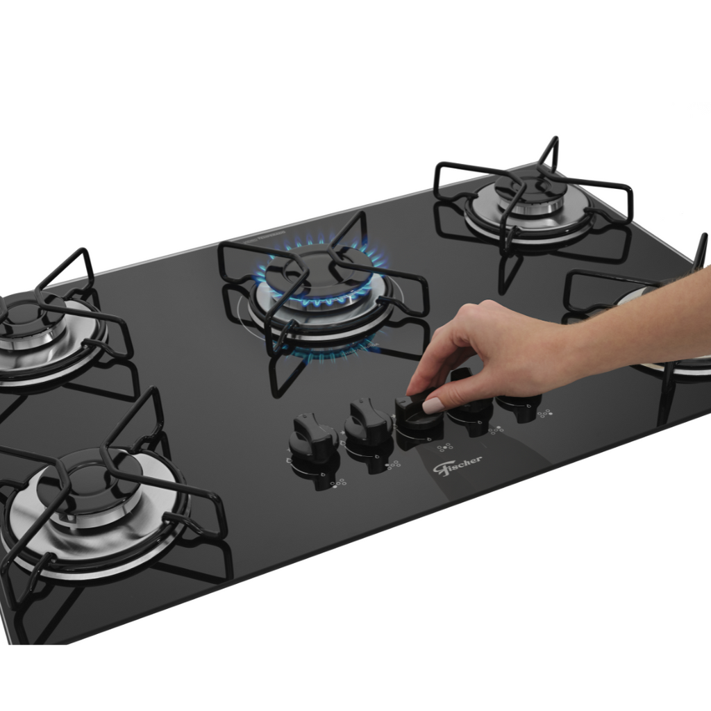 Cooktop a Gás Fischer 5 Bocas Fit Line Trempe Aramado Esmaltado Vidro Preto Bivolt