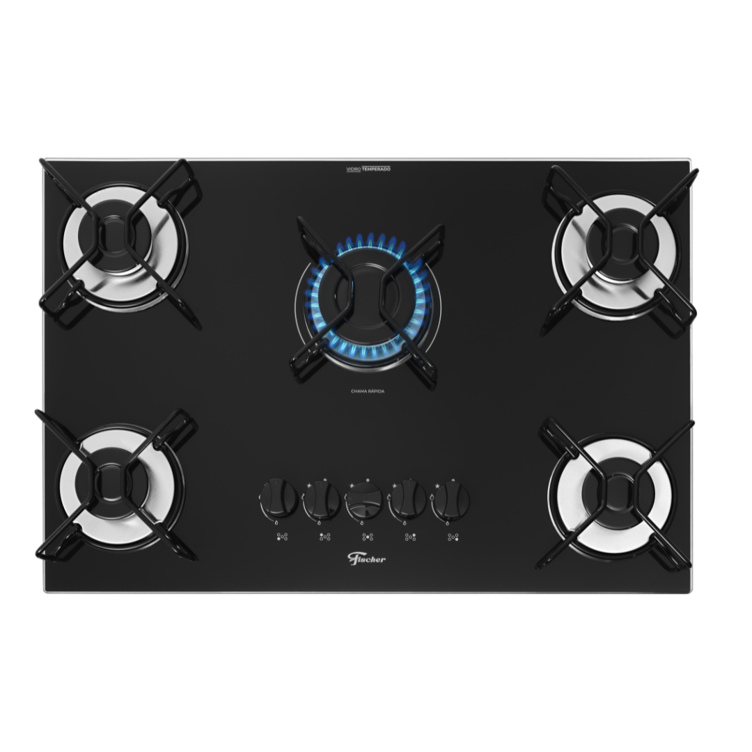 Cooktop a Gás Fischer 5 Bocas Fit Line Trempe Aramado Esmaltado Vidro Preto Bivolt