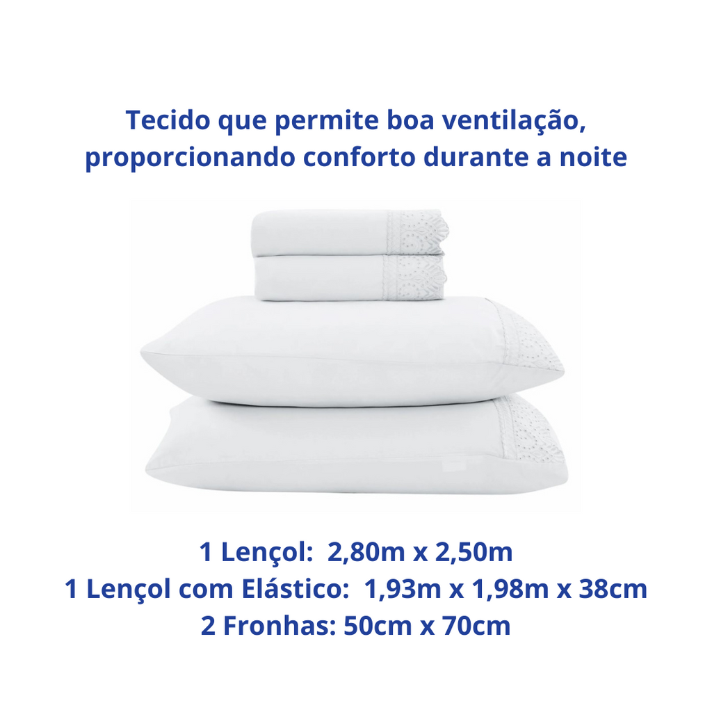 Jogo de Roupa de Cama King 4 Peças Hedrons Rendas Toque de Algodão Branco
