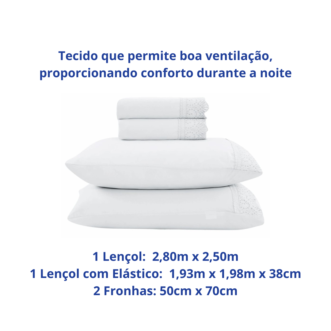 Jogo de Roupa de Cama King 4 Peças Hedrons Rendas Toque de Algodão Branco