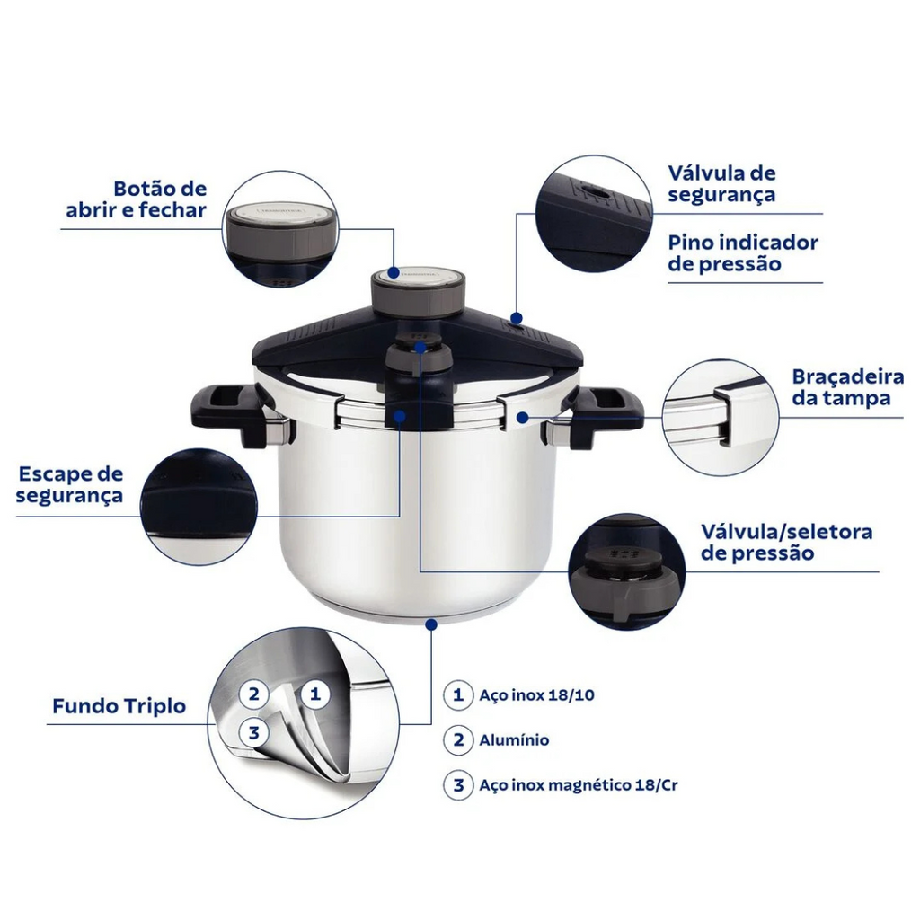 Panela de Pressão Tramontina Presto 6L Fundo Triplo 5 Dispositivos de Segurança