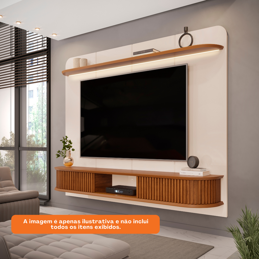 Painel Capri com Led 215cm DJ Móveis Off White e Freijó