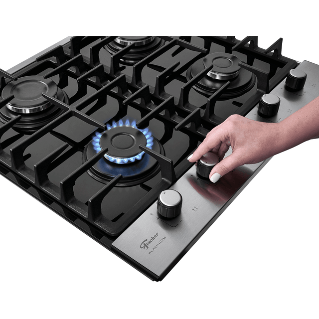 Cooktop à Gás Fischer 4 Bocas Platinium Trempe em Ferro Fundido 33800-92121 Vidro Preto Bivolt