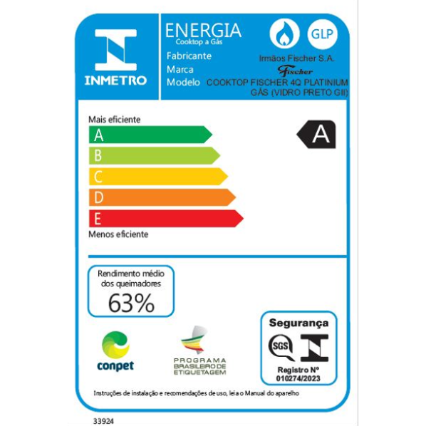 Cooktop à Gás Fischer 4 Bocas Platinium Trempe em Ferro Fundido 33800-92121 Vidro Preto Bivolt