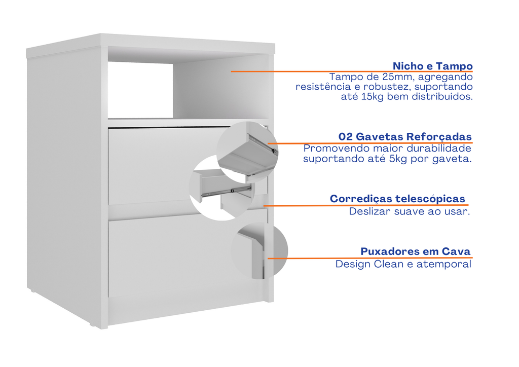 Mesa de Cabeceira Gales 100% MDF Mambel 2 Gavetas e 1 Nicho