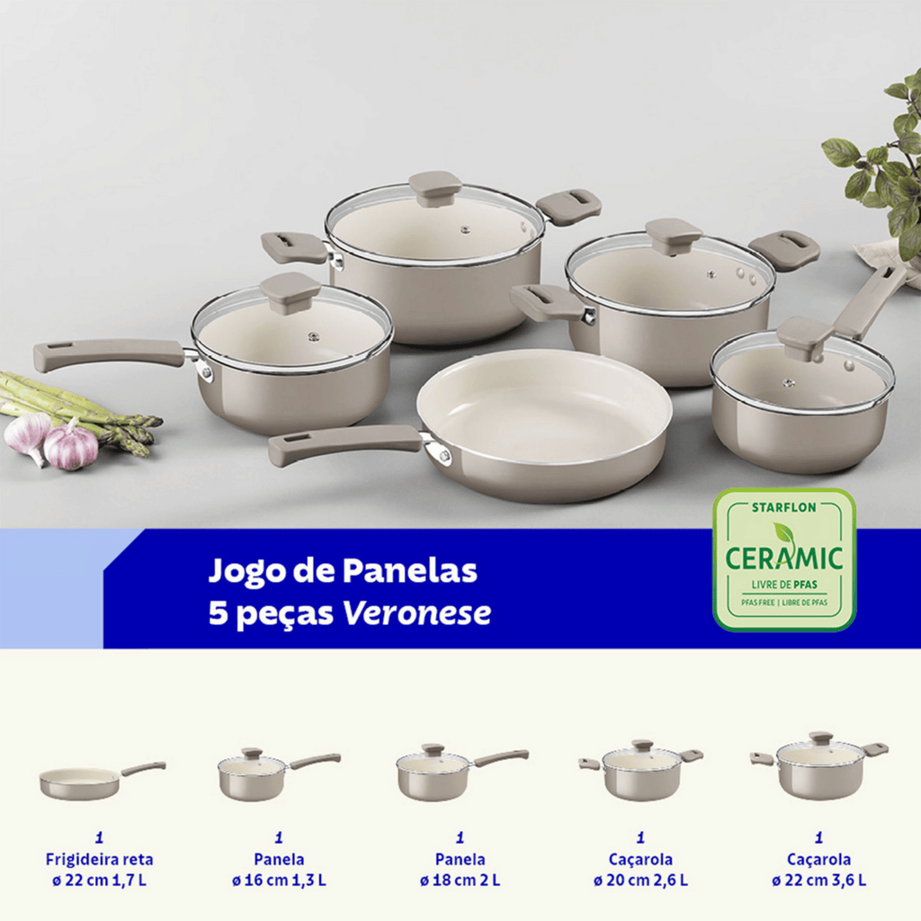 Jogo de Panelas Tramontina Veronese 5 Peças em Revestimento Cerâmico Antiaderente  Bege