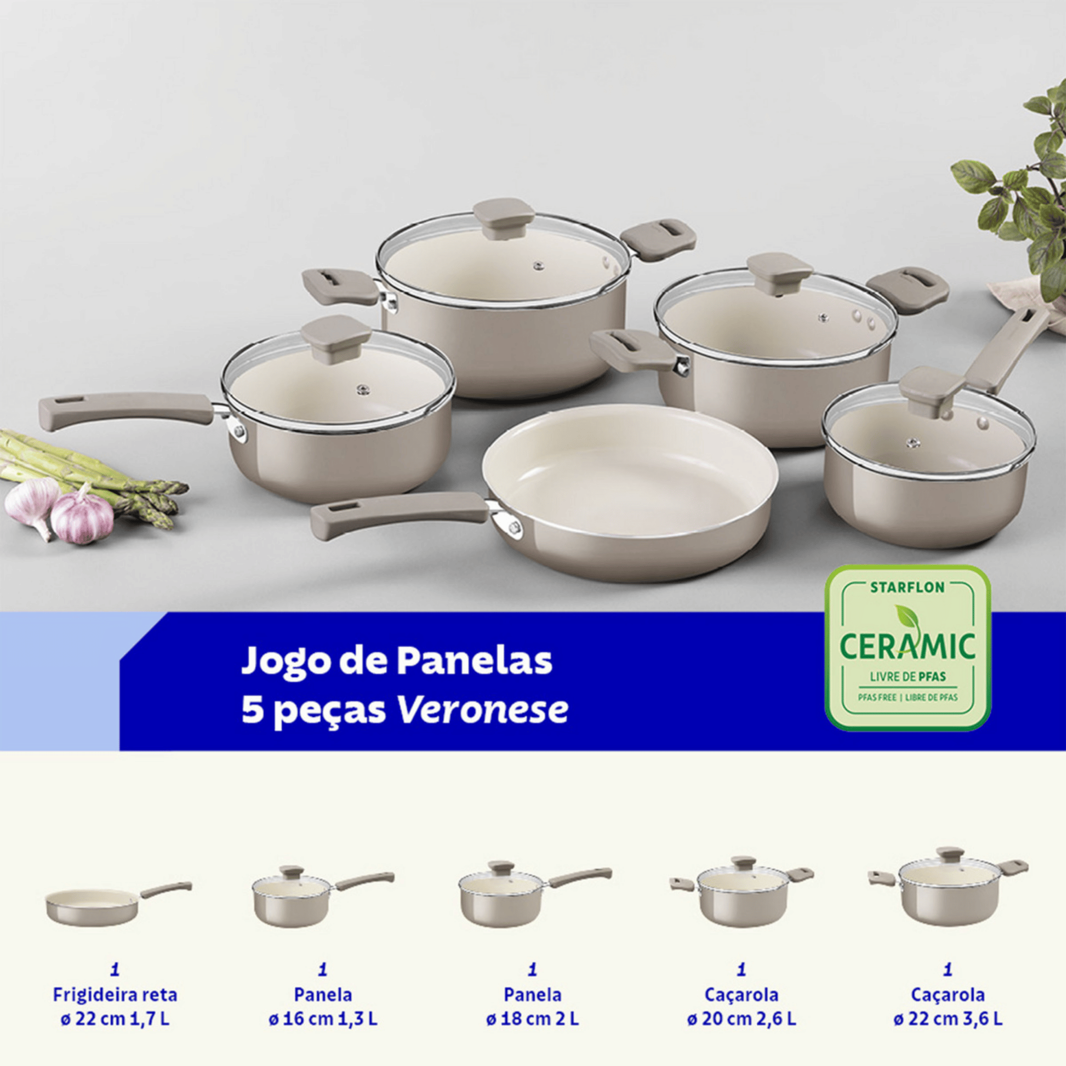 Jogo de Panelas Tramontina Veronese 5 Peças em Revestimento Cerâmico Antiaderente  Bege
