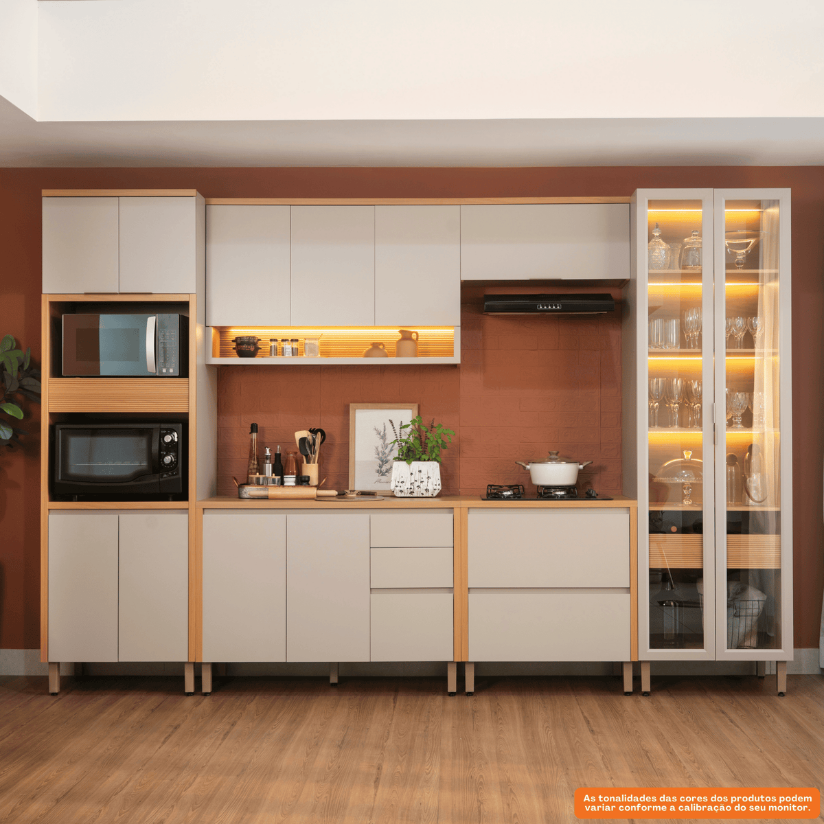 Armário Aéreo de Cozinha Allure Linea 100% MDF 3 Portas 1 Nicho 120cm com Led Jequitiba e Gris