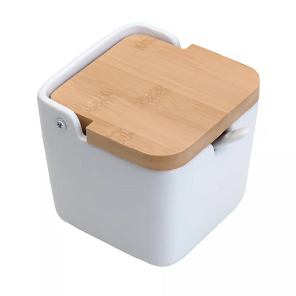 Saleiro de Mesa de Cerâmica Coliseu com Tampa de Bambu e Colher