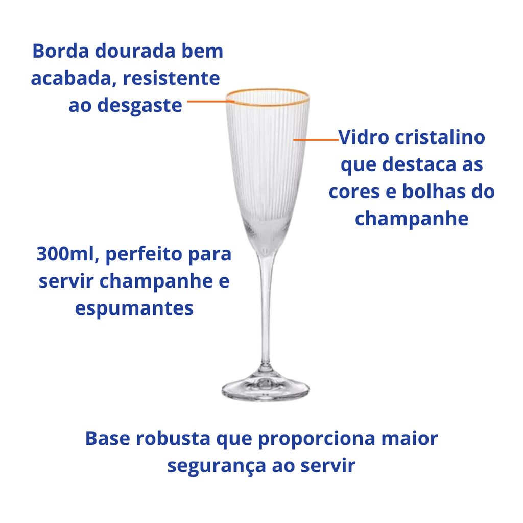 Jogo de 6 Taças para Champanhe com Borda Dourada Lines 300ml