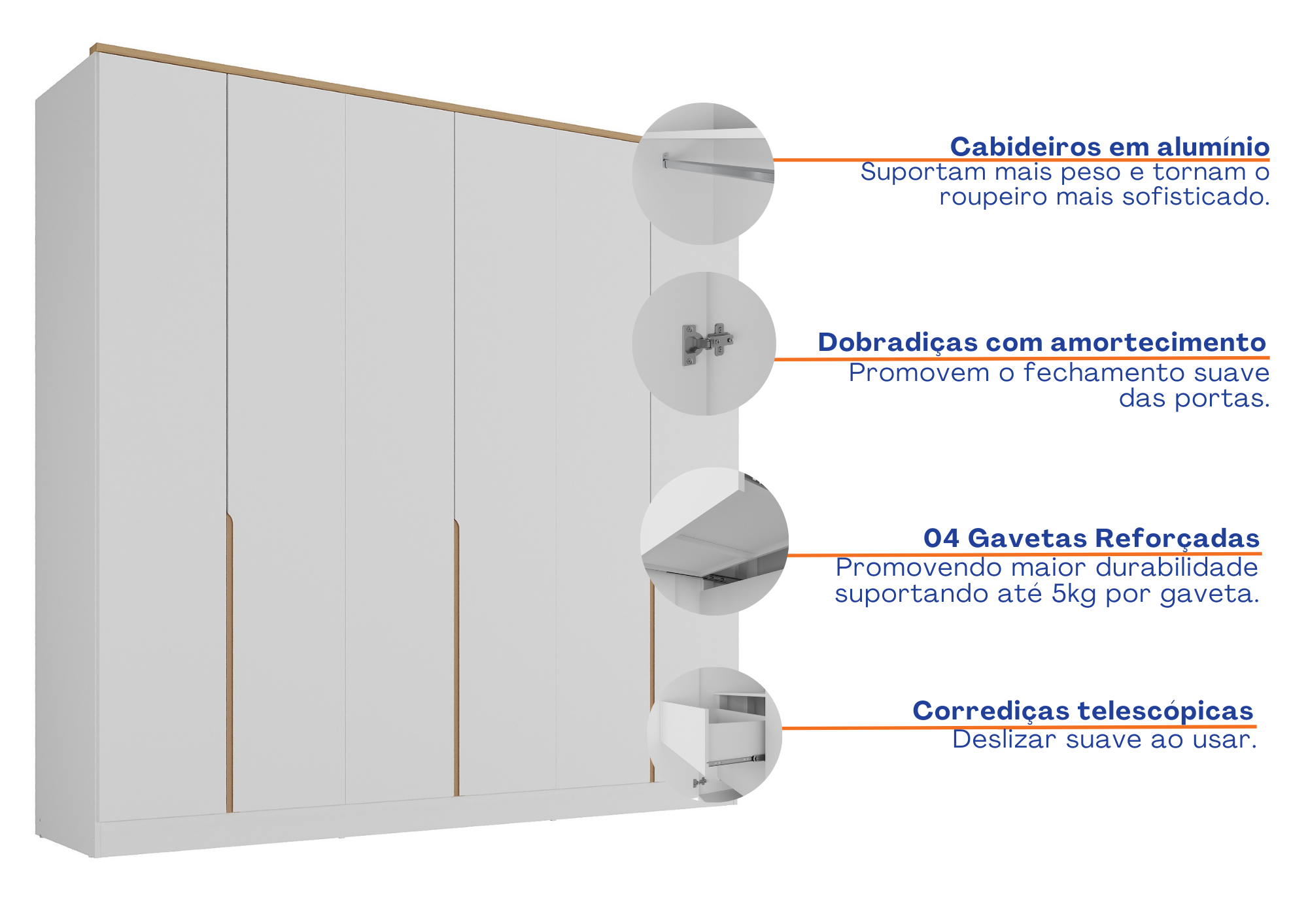 Roupeiro Logan Mambel 240cm 100% MDF 6 Portas Branco e Olmo