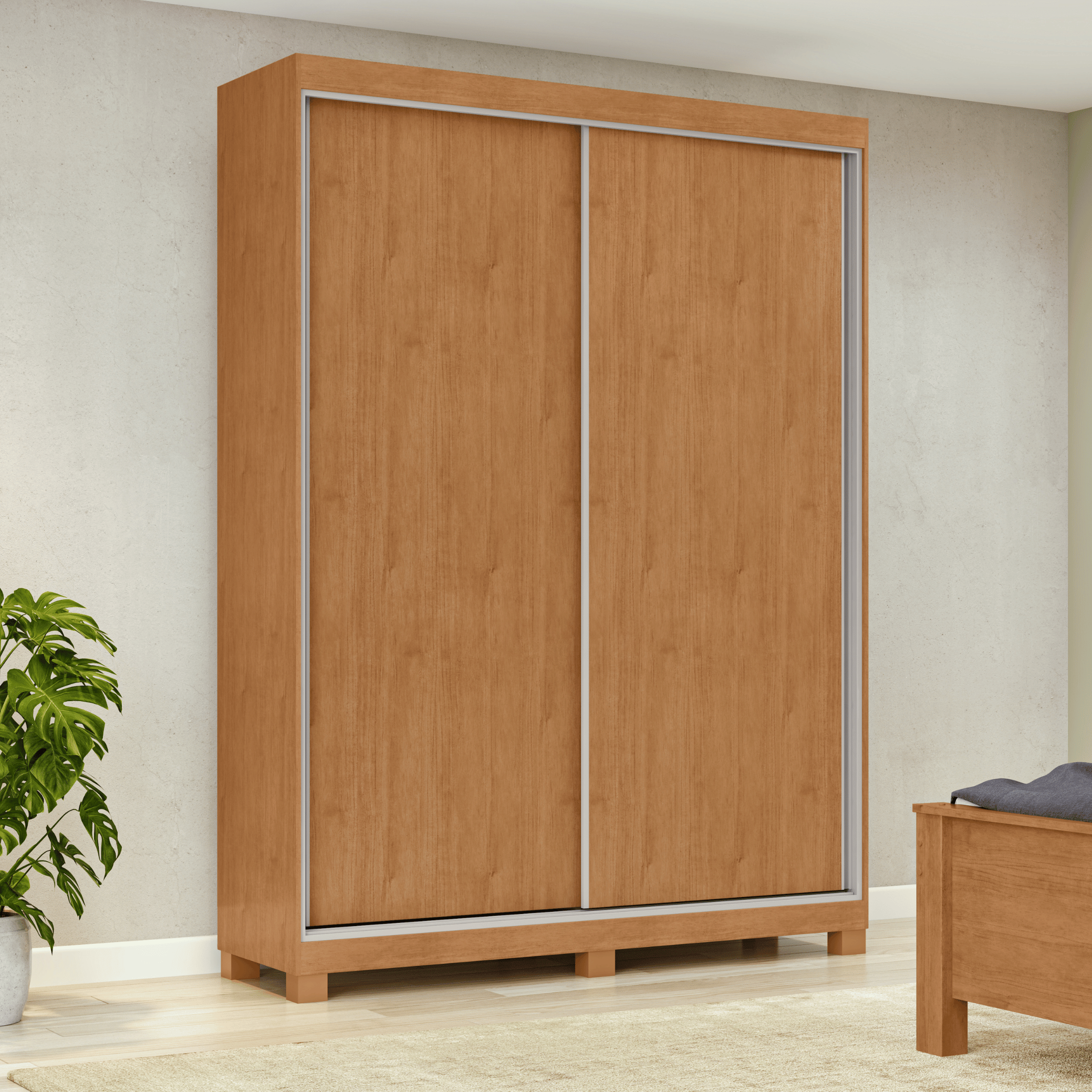 Roupeiro Quadrix Lopas154cm 2 Portas Correr 100% MDF com Pés Flex Amêndoa e Off White
